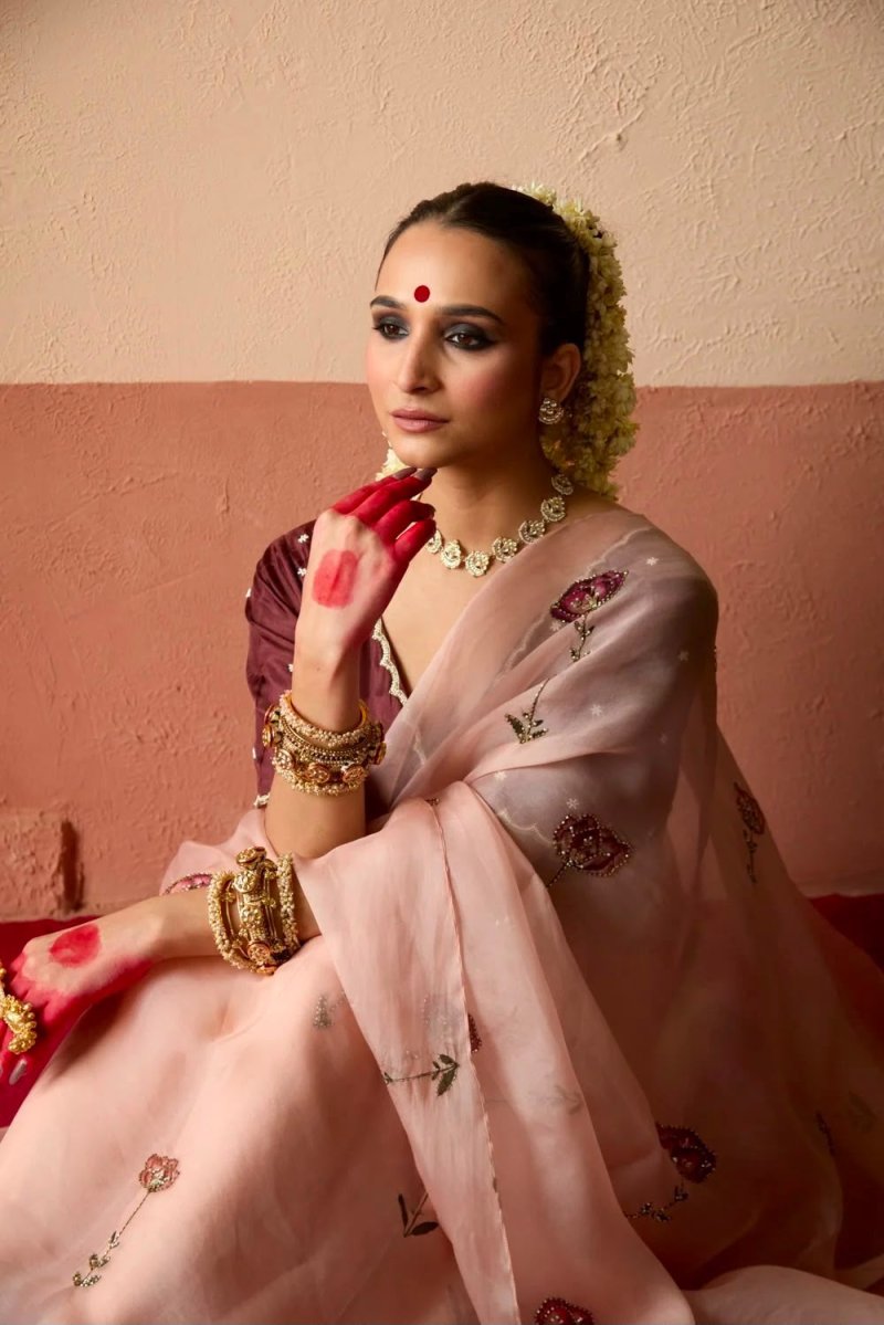 Tew Soft Organza Cut Dana Flower Handwork Saree